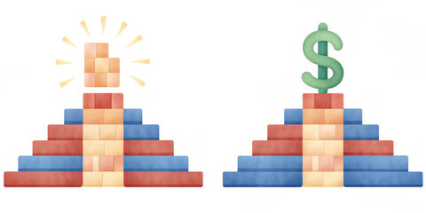 Fototapeta premium Colorful pyramid blocks representing growth and financial success Finance and Investment Icon Set, Blue and Red Theme