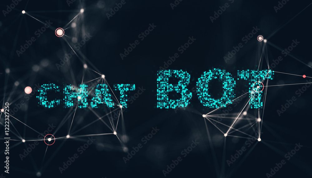 Poster Chat Bot text in glowing turquoise pixel style on dark background with connecting digital lines and nodes. Concept of virtual technology. 3D Rendering