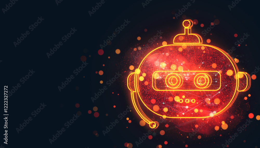 Aufkleber glowing robot head symbol with neon orange lights on dark background. 3d rendering