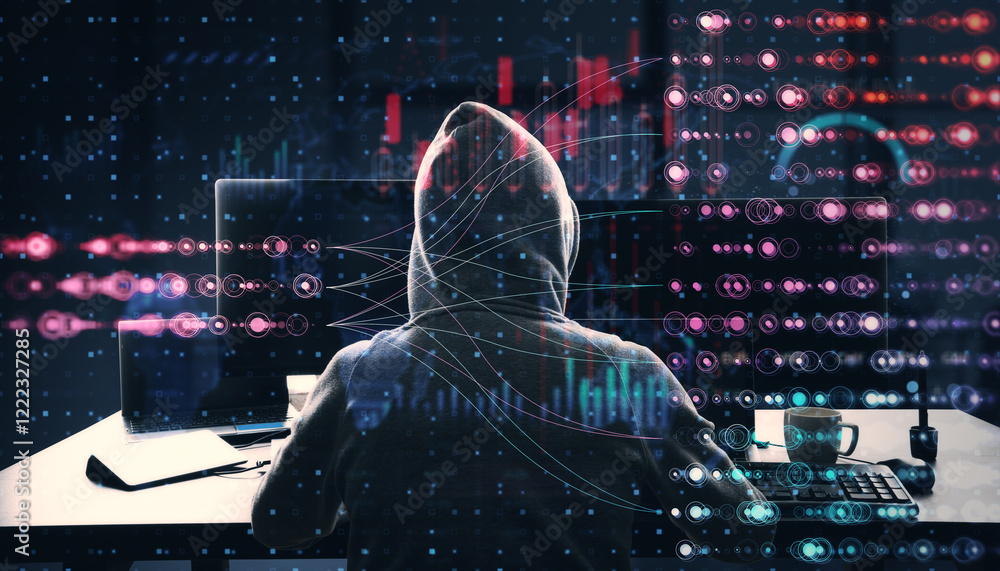 Aufkleber Hacker in hoodie working on computer surrounded by abstract digital data patterns in a dark office. Cybersecurity and hacking concept.