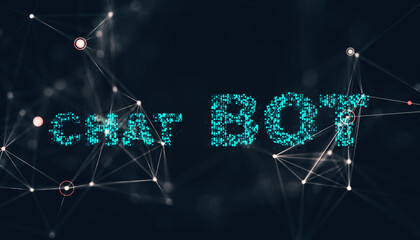 Chat Bot text in glowing turquoise pixel style on dark background with connecting digital lines and nodes. Concept of virtual technology. 3D Rendering