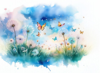 A watercolor painting depicting a whimsical meadow scene with colorful butterflies fluttering above delicate dandelions under a vibrant blue sky.  The artwork evokes feelings of serenity and joy.
