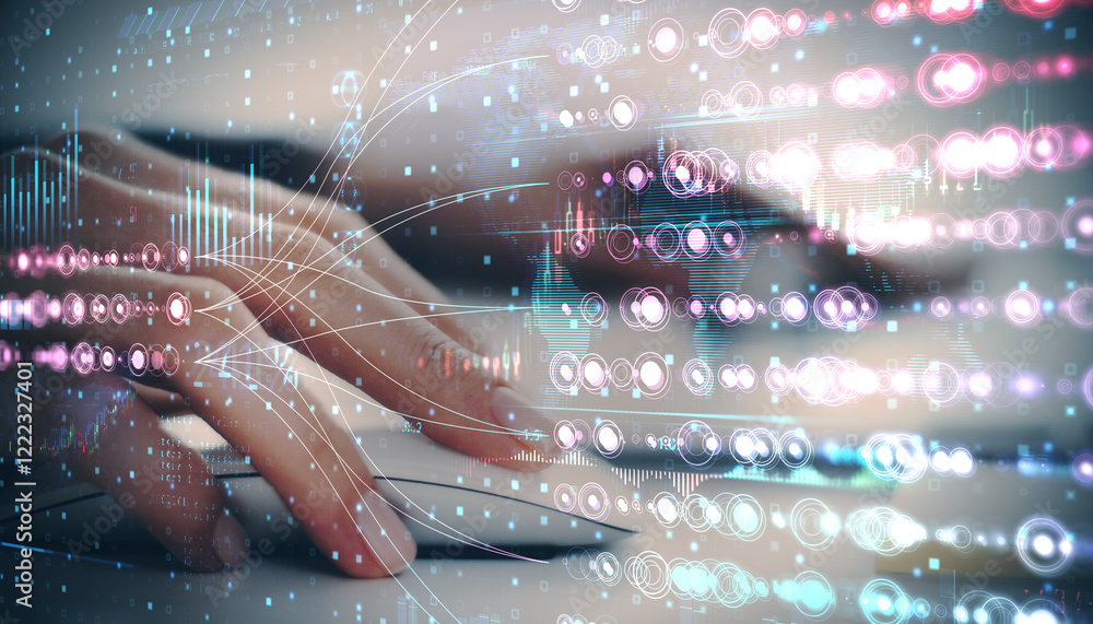 Poster Abstract depiction of a hand typing on a keyboard with overlay of holographic digital data.