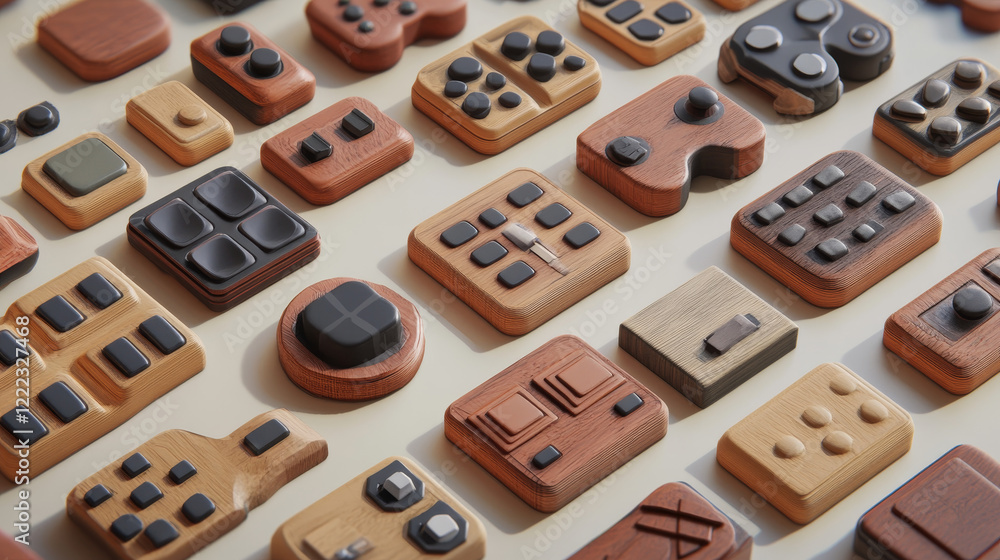 Poster vector set cartoon wood assets, interface and buttons for ui game