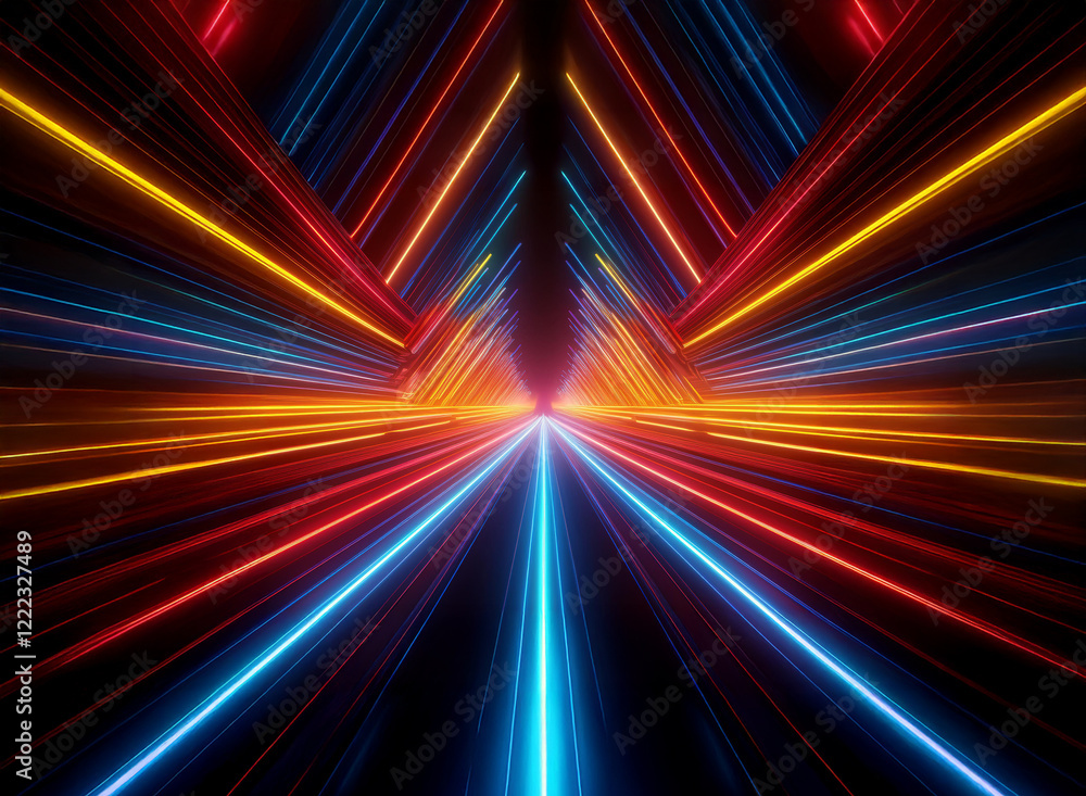 Poster vibrant neon lines converge in a symmetrical, triangular tunnel, creating a dynamic, futuristic pers