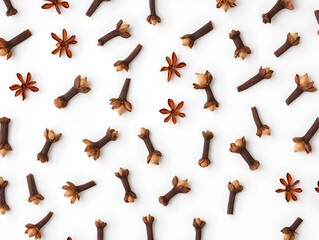 cloves and star anise arranged in a repeating pattern, spice blend, flatly, white background