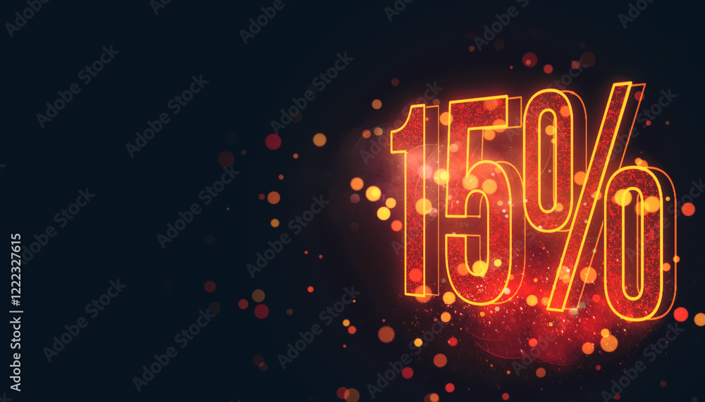 Poster 15 percent glowing discount sign with bokeh lights on dark background. 3d rendering