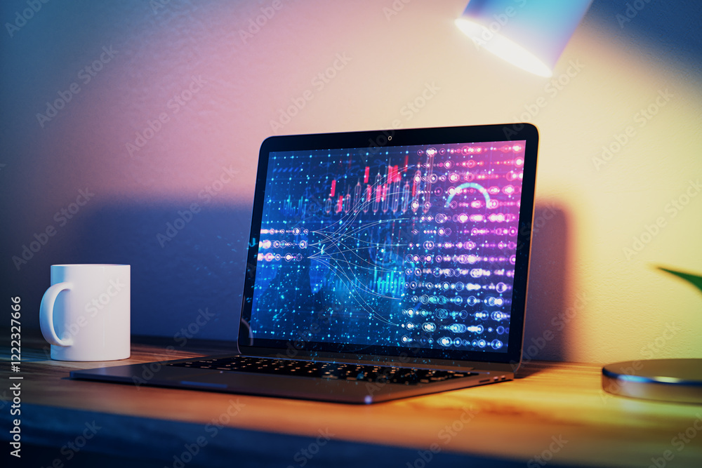 Fototapete Digital workspace with illuminated laptop screen and abstract data visualization. 3D Rendering