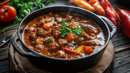 Rustic Hungarian Goulash Stewing in Cast Iron Pot Over Open Flames, Traditional Campfire Cooking, Generative AI