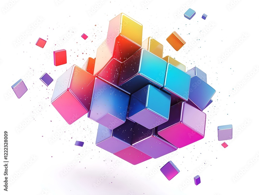 Fototapete abstract cube of blocks, multicolored, dynamic arrangement, 3d rendering, white background