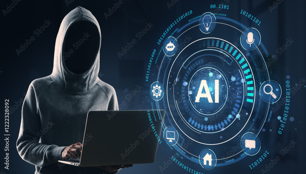 Aufkleber Hacker using laptop with AI digital interface and icons on dark background.