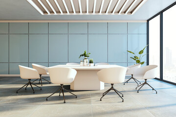 Modern conference room with white chairs around a table in a bright office space. 3D Rendering
