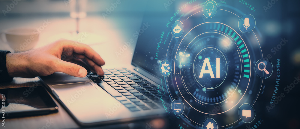 Poster ai technology concept with hand on laptop, digital interface with ai symbol and icons on blue backgr