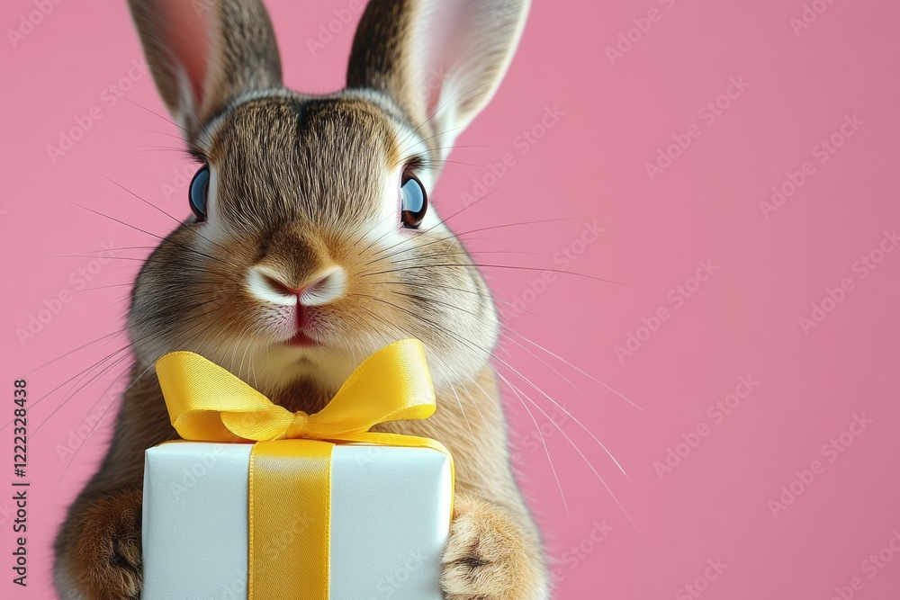 Poster rabbit is holding a white box with a yellow ribbon. the rabbit is looking at the camera with a curio