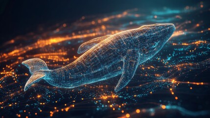 Digital hologram of whale in futuristic ocean background with glowing light particles