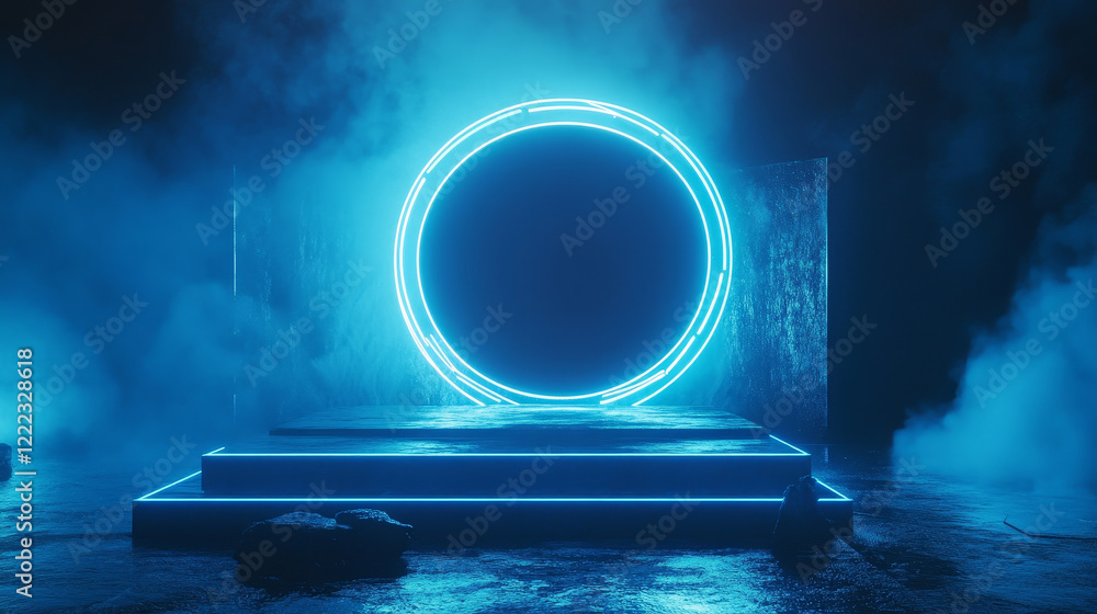 Poster podium for show product in futuristic cyberpunk or hud style. showcase with copy space. blue circle 