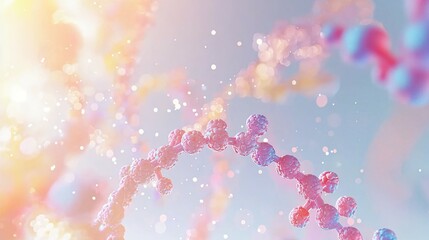 Abstract DNA helix with vibrant molecular structures symbolizing hormone balance and wellness, clean white background with ample copy space for text or design