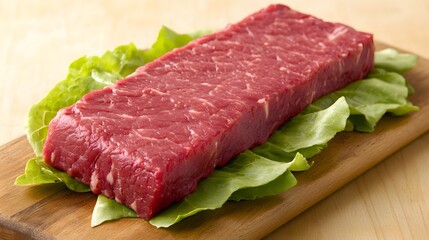 Obraz premium Raw Beef Steak on Wooden Board with Lettuce