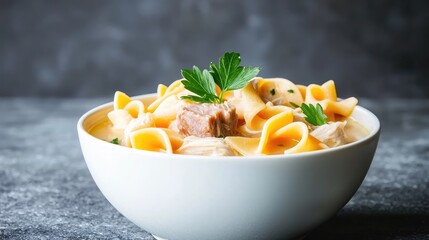 Creamy chicken noodle soup in bowl, kitchen setting