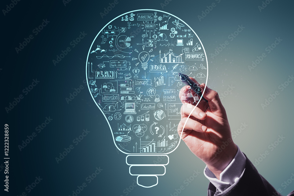 Aufkleber Hand sketching creative ideas in lightbulb outline on abstract background.