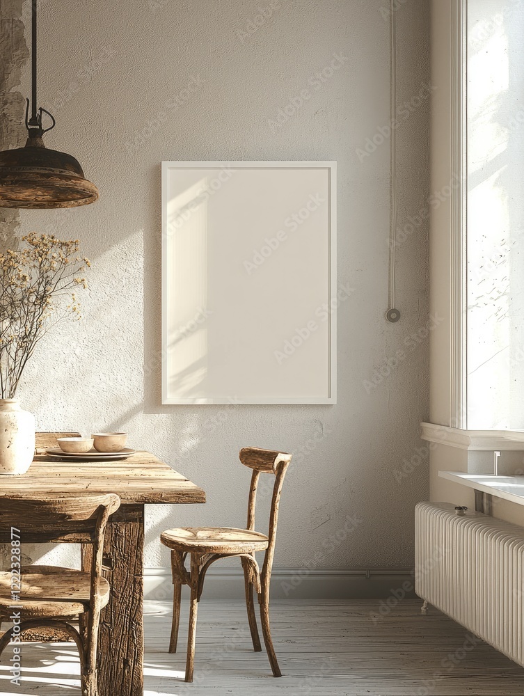 Aufkleber Mock-up of a white picture frame in a kitchen environment with a classic design. The frame should be completely white with a matte finish and an off-white textured background inside the frame.