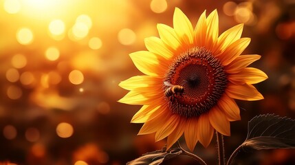 Golden sunflower and bee in warm sunset glow