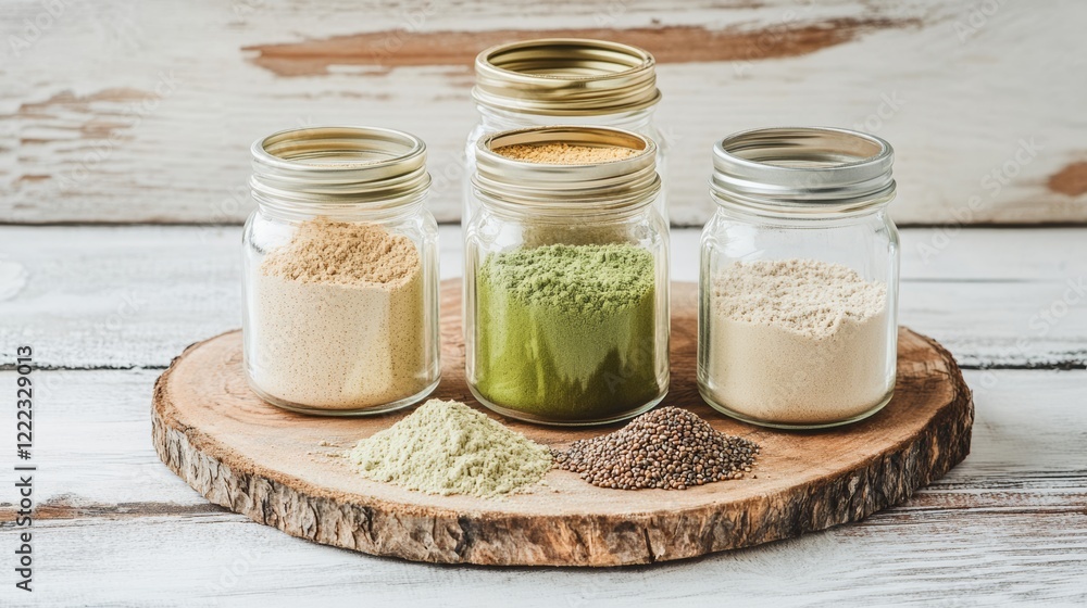 Poster wooden board with four jars of different colored powders on it. the jars are filled with various typ