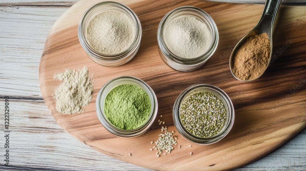 Poster wooden board with five different types of spices and a spoon. the spices are in small jars and the s