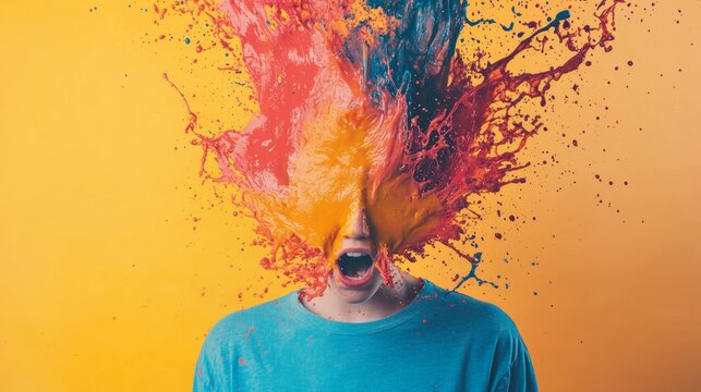 Colorful paint explosion from a person's head