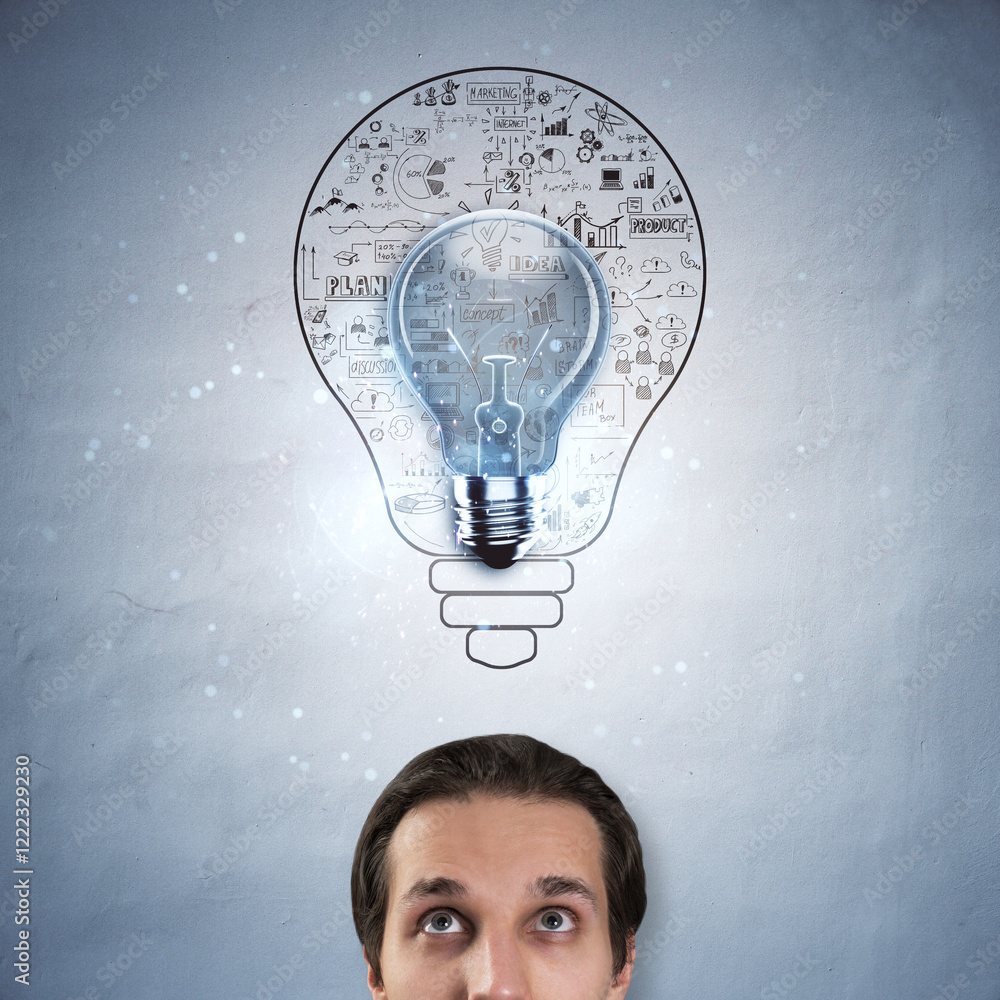 Poster lightbulb with business icons above a man's head on a gradient background.
