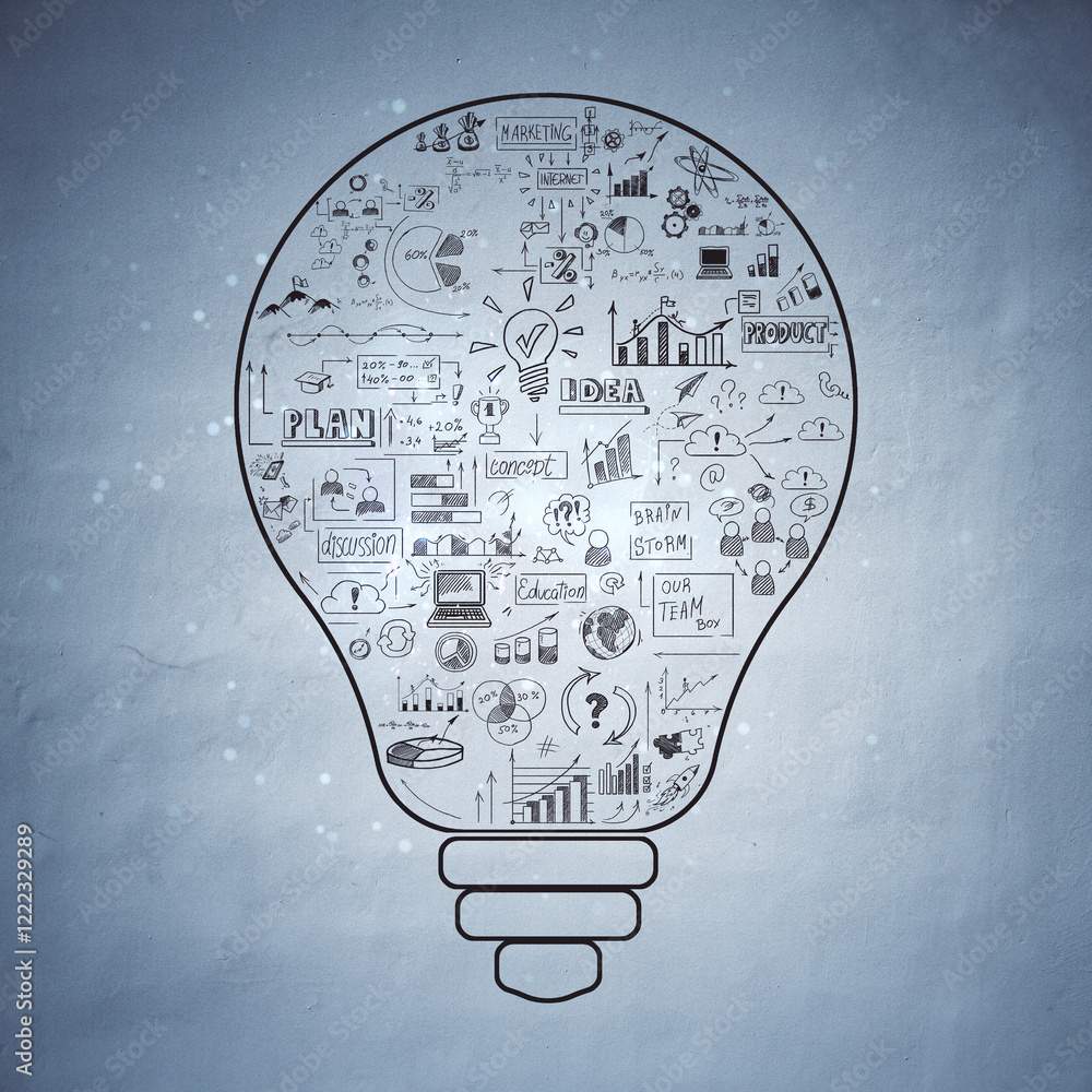 Aufkleber Abstract lightbulb sketch filled with business and creative idea doodles on gray background. Concept of brainstorming and planning. 3D Rendering