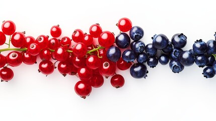 Row of red, blue, and purple berries. The berries are arranged in a line, with the red berries on the left, the blue berries in the middle, and the purple berries on the right
