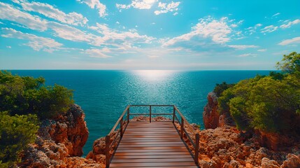 Obraz premium Scenic View from Cliff Overlooking Calm Ocean Under Bright Sky