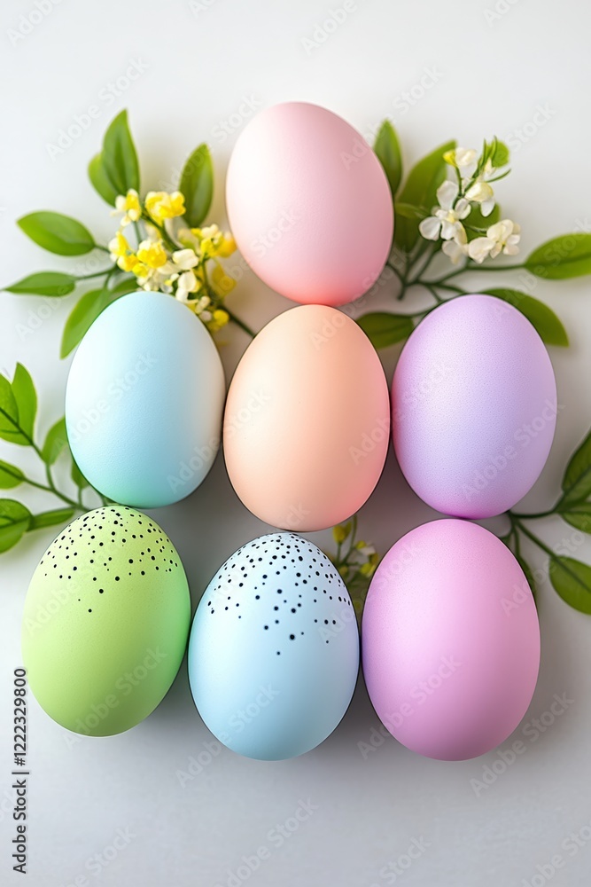 Poster row of colorful eggs are arranged in a pattern on a white background. the eggs are of different colo