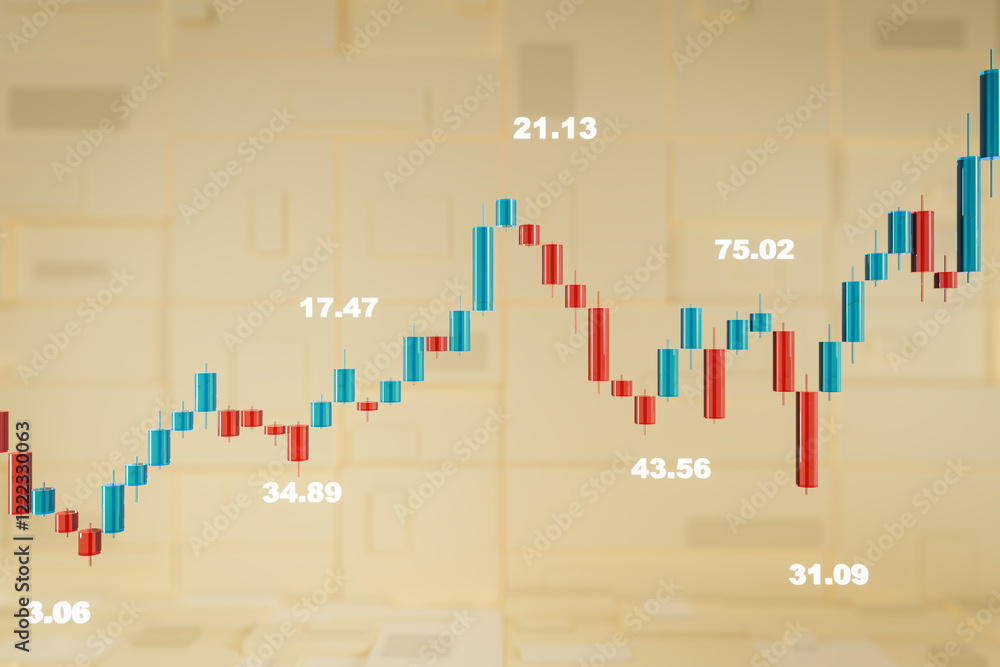 Poster Financial candlestick chart with market data on light abstract background. 3D Rendering