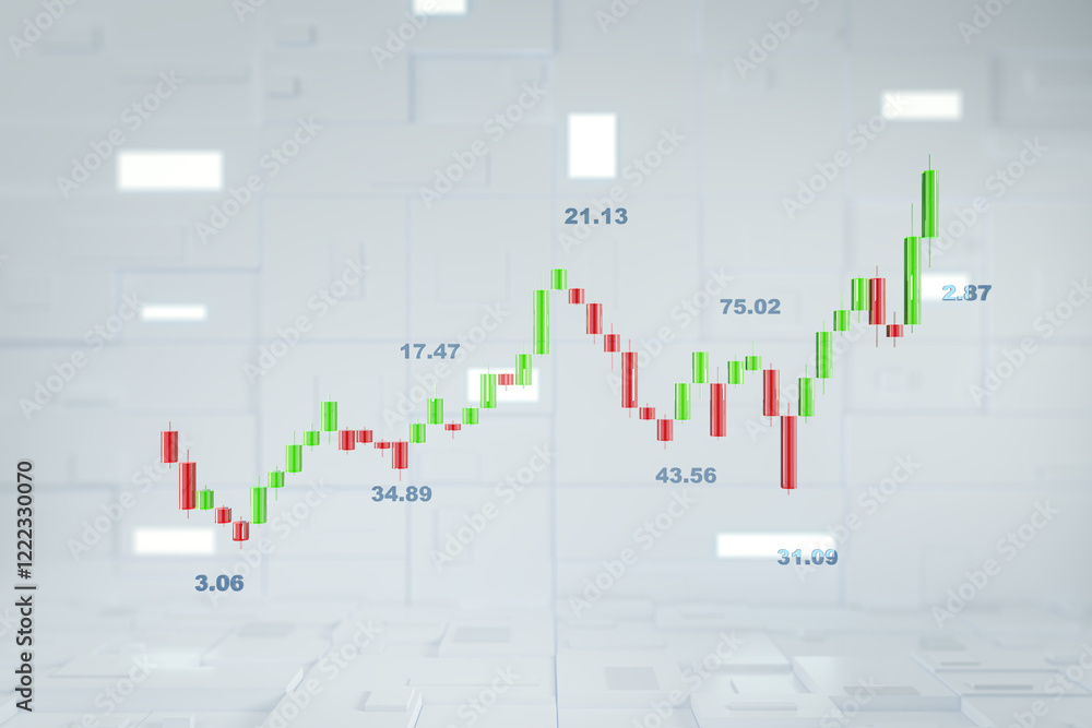 Poster 3d candlestick chart with green and red bars on futuristic white geometric background. financial gro