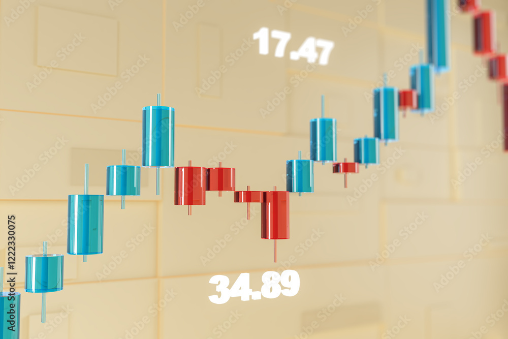 Poster 3D Rendering of financial candlestick chart with blue and red bars on light yellow background, showing market data values. 3D Rendering