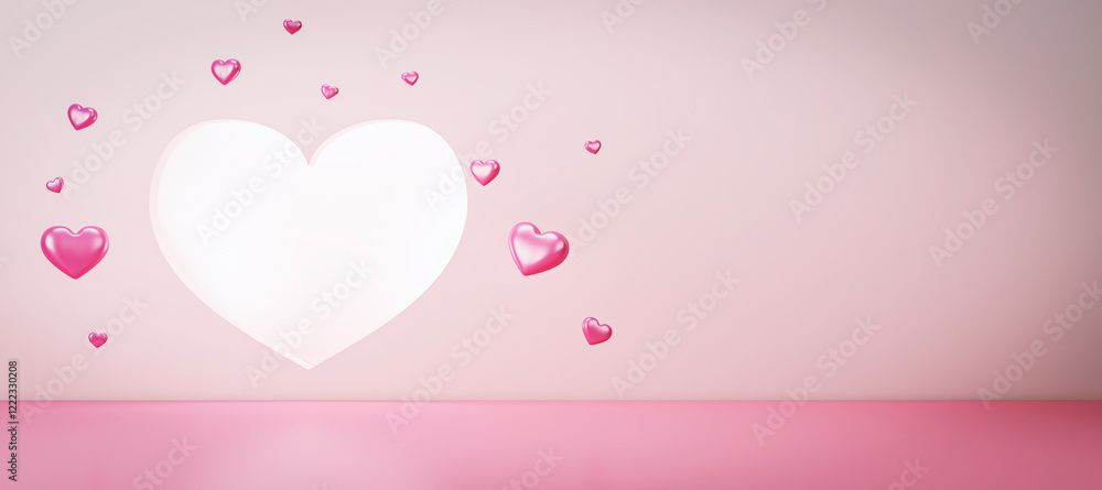 Poster Pink hearts floating around a large glowing heart on a soft pink gradient background. 3D Rendering