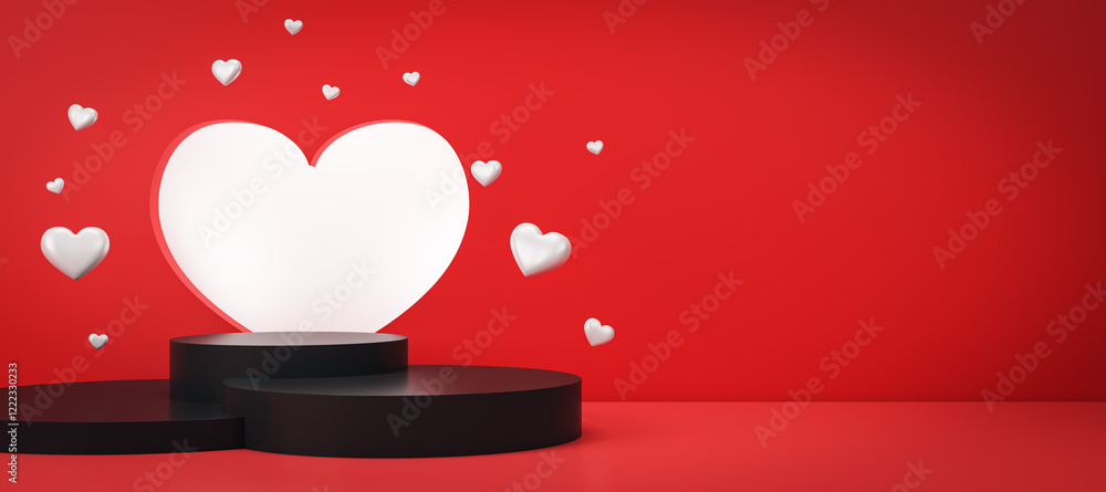 Aufkleber Abstract heart with small floating hearts on black podium against red background. 3D Rendering
