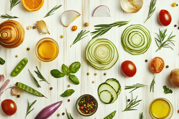 Fresh vegetables like tomatoes, cucumbers, bell peppers, and olive oil arranged on a white wooden background. Perfect for healthy eating and culinary themes