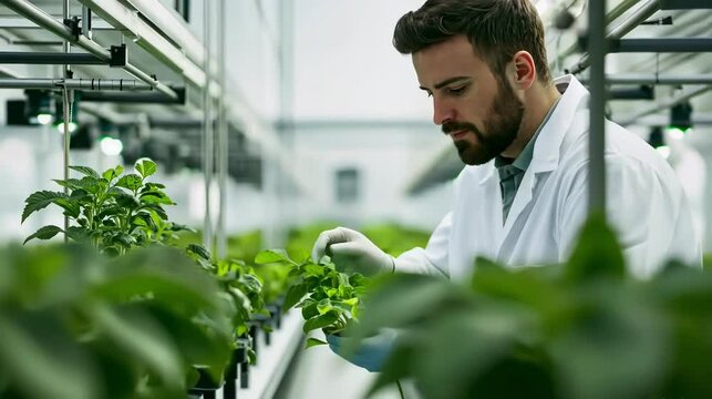 Scientist examining plants in a greenhouse.