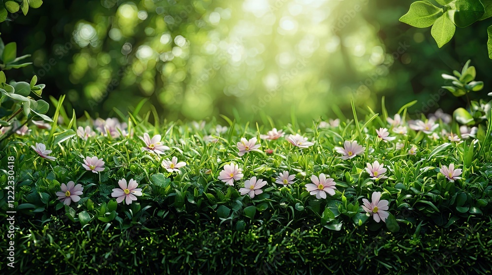 Poster fresh green grass with delicate flowers and sunlight filtering through trees in a serene forest sett