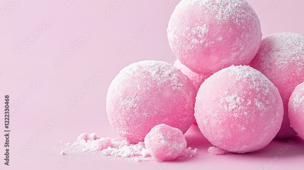 Poster pile of pink snowballs with white powder on top. the snowballs are piled on top of each other, creat