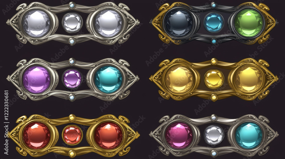 Poster Empty square silver and gold rank frames in medieval style for game ui design. Vector cartoon set of user interface elements, metal thin border with gems and red, purple buttons isolated on background