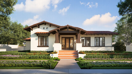 beautiful spanish style home with lush green landscape and brick patio