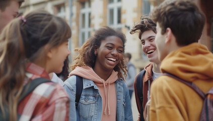 Obraz premium Young diverse friends walking together. Joyful multiracial group of students walking hugging each other and laughing.