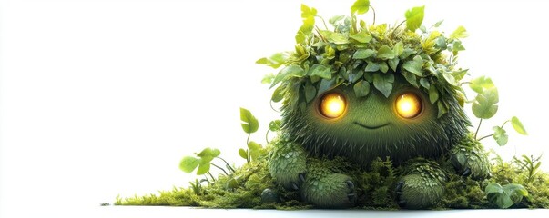A whimsical forest creature, small and charming, glowing eyes, fantasy cartoon style, lush green tones, isolated 