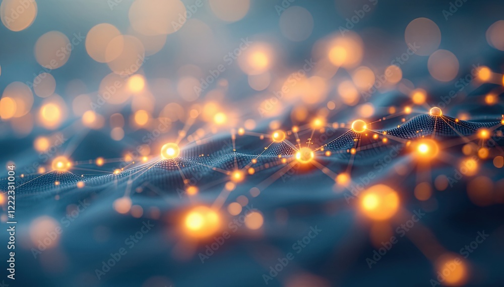 Poster abstract network with glowing nodes and bokeh lights on a dark background