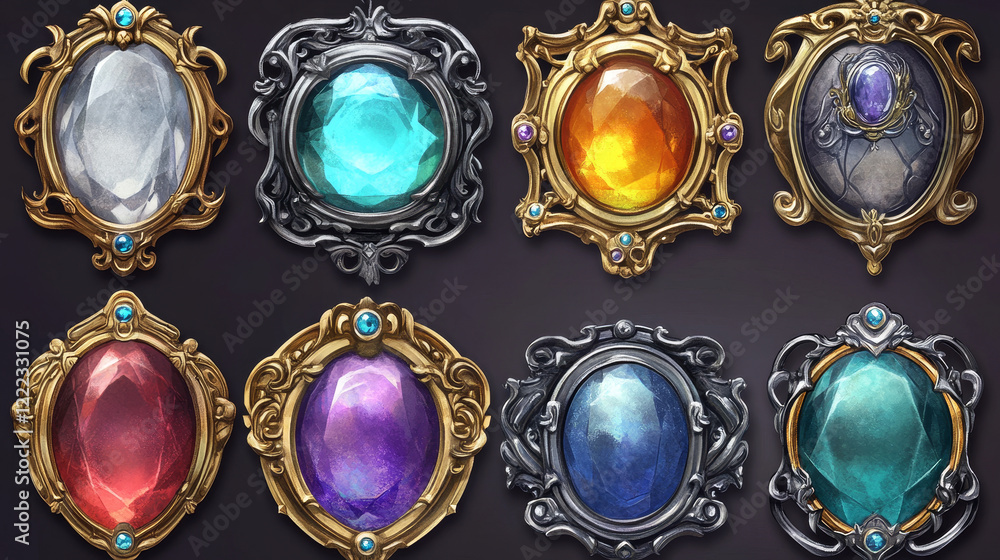 Poster Empty square silver and gold rank frames in medieval style for game ui design. Vector cartoon set of user interface elements, metal thin border with gems and red, purple buttons isolated on background