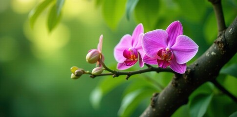 Fototapeta premium Pink orchid nestled among lush green foliage on a tree's branch, plant, nature, botanical